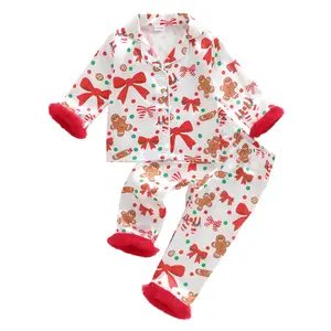 REDWOON Toddler Baby Girl Christmas Satin Pajamas Set Gingerbread Man Print Feather Trim Long Sleeve Button Down Shirt and Pants Holiday Pjs for Kids Loungewear Set