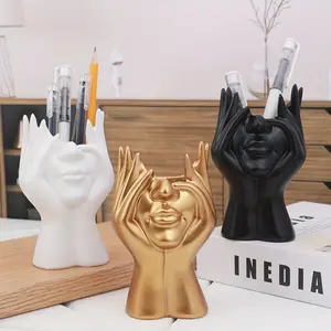 1pc Resin Art Pen Holder in Face-Holding Design - Elegant Home Decor Accent, Available in White, Golden, and Black - Perfect for Organizing Writing Instruments, Pens for Writing
