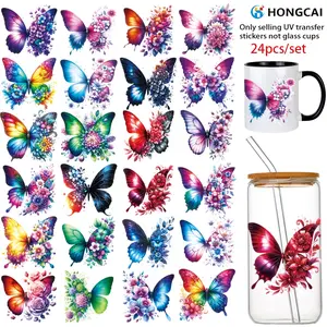 24 Piece Colorful Butterfly Floral Series UV DTF Heat Transfer Stickers, 3D Crystal Decal Stickers for Glass Cups Mugs Furniture DIY Crafts, Sticker Packs