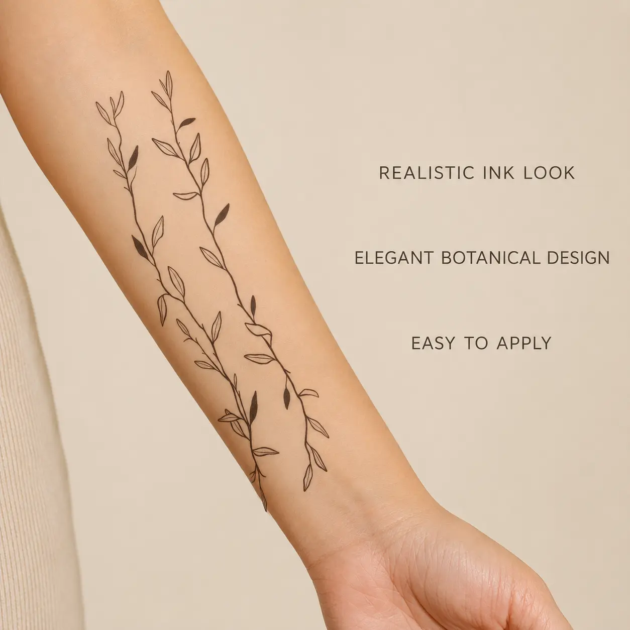 4-Pack Botanical Vine Temporary Tattoos, Black Fine Line Leaf Body Art Stickers for Arm, Leg, Back and Shoulder