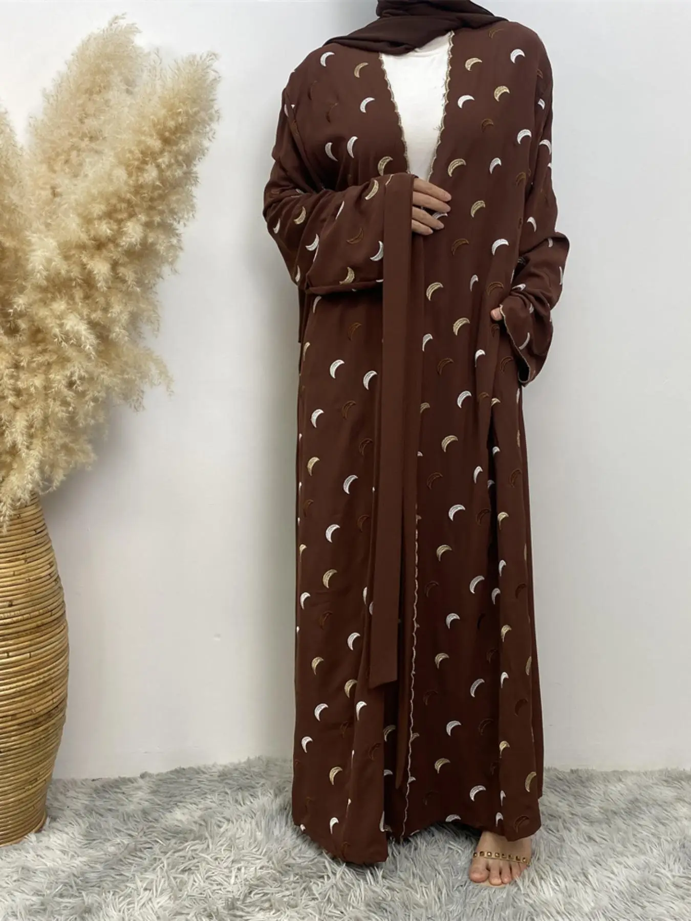 Arabic Clothing-All Over Print Embroidery Belted Kaftan without Hijabs, Modest Long Sleeve Drop Shoulder Pocket Long Dress, Women's Islamic Clothing f