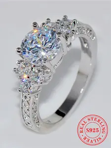 925 Sterling Silver Artificial Zircon Decorated Ring, Rings for Women, Elegant Engagement Ring, Wedding Engagement Ring Jewelry Gift for Women, Fashion Accessories for Party, Daily Decor, Sterling Silver Rings