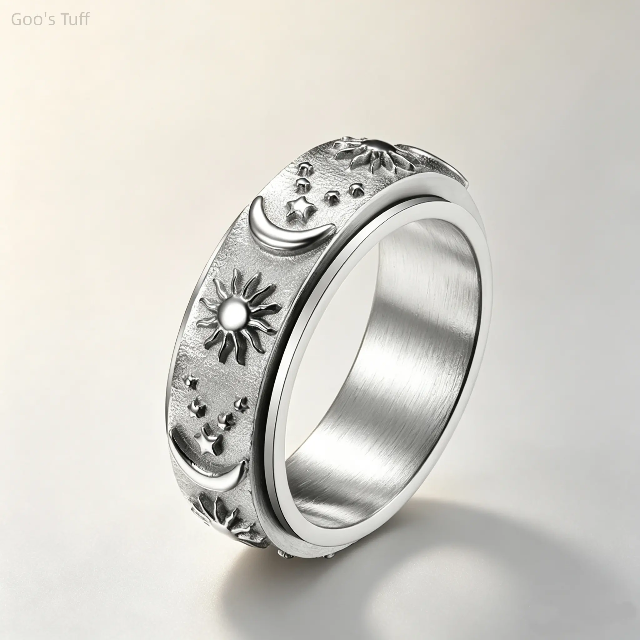 Titanium Steel Sun Moon Star Spinner Ring, TikTok Viral Rotatable Fidget Band, Unisex Anxiety Relief Smooth Spin Jewelry for Daily Office Meditation, Birthday Gift