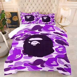 2/3Pcs Purple Camo Ape Head Comforter Set, Streetwear Hip Hop Print Quilt Bedding Set with Pillowcases, Trendy Street Fashion Bedding for Teen Boys Adults Bedroom Dorm, Cool Aesthetic Home Decor
