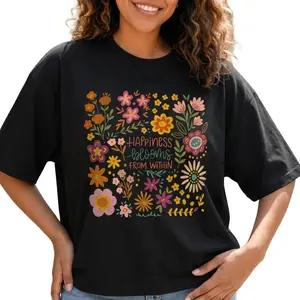 Boho Floral Graphic Tee Women Happiness Blooms From Within Shirt Inspirational Plus Size Top