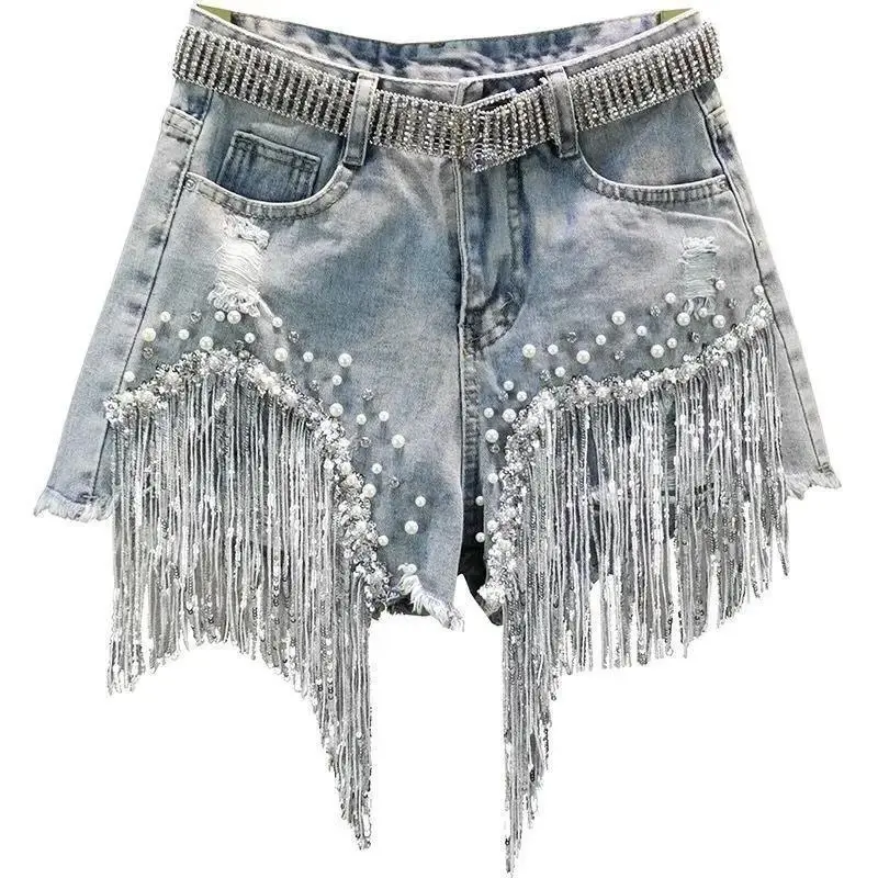 Denim Shorts Women's 2025 Summer Clothes New European High Waist Thin Heavy Industry Beaded Sequined Fringed Broken Copper Jeans Womenswear Bottom Streetwear Fitted Pants Trouser Basic Blue_Beige Minimalist