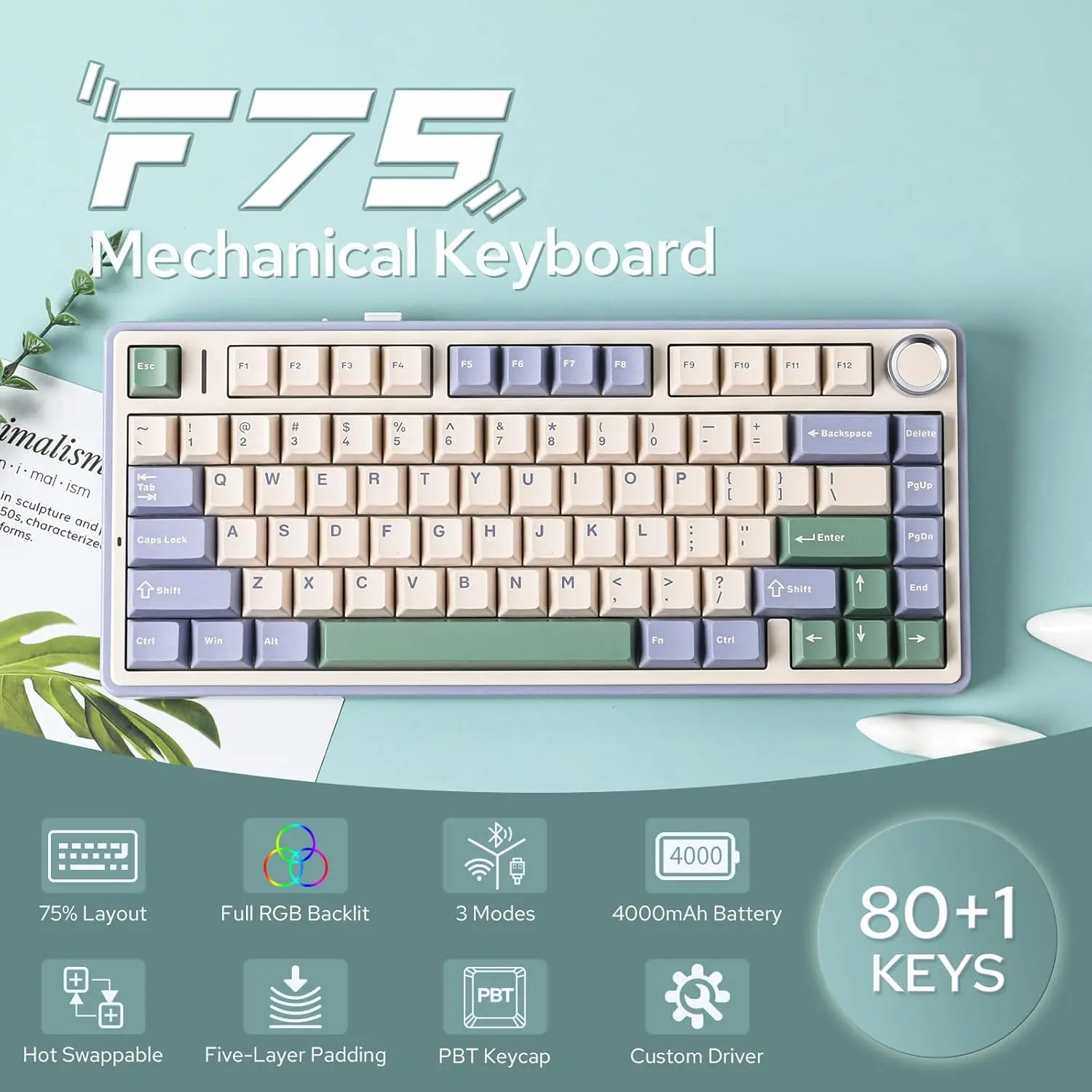 Aula F75 Gasket Mechanical Keyboard, 75% Wireless Hot Swappable Gaming Keyboard with Five-Layer Padding&Knob, Bluetooth/2.4GHz/USB-C, RGB (Green, LEOBOG Reaper Switch) bluetooth  keyboard