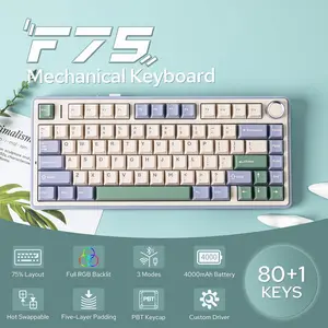 Aula F75 Gasket Mechanical Keyboard, 75% Wireless Hot Swappable Gaming Keyboard with Five-Layer Padding&Knob, Bluetooth/2.4GHz/USB-C, RGB (Green, LEOBOG Reaper Switch) bluetooth  keyboard