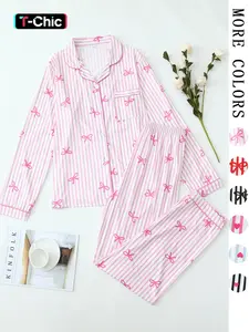 Chic Loungewear Set for Women，Women's Comfortable Cute Fitted Elastic Striped Bow Lapel Shirt and Pants Two-Piece Sleepwear Set, Long Sleeve, Casual Spring & Fall，Cozy Home Wear for WFH & Lazy Days，Gift for Her