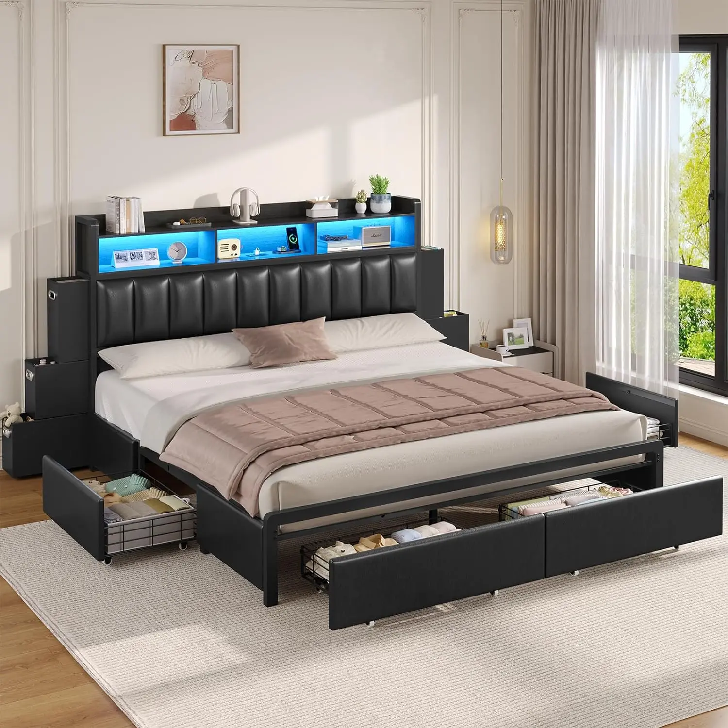 ADORNEVE PU Upholstered California King Size Bed Frame - 10 Storage Drawers, RGB Bookcase Headboard, Charging Station, Heavy Duty Steel Slats, No Box Spring Needed, Illuminated LED-Accented Bed Frame, Illuminated Bed Frames