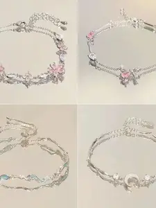 Zircon Sakura Bow Flower Design Bracelet for Women, Exquisite Trendy Bracelet, Elegant Light Luxury Style, High-Quality Cold Sense, Best Friend Gift Jewelry