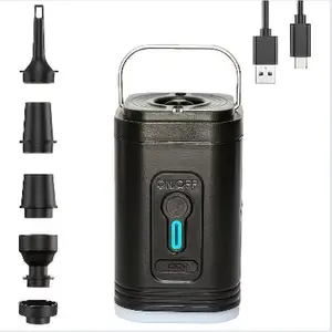 Portable Electric Mini Air Pump (for Inflatables & Camping Lights) — Includes 5 Nozzles & Carabiner — Rechargeable — Rapid Inflation/Deflation for Pool Floats, Air Mattresses, and Home Vacuum Storage Bags