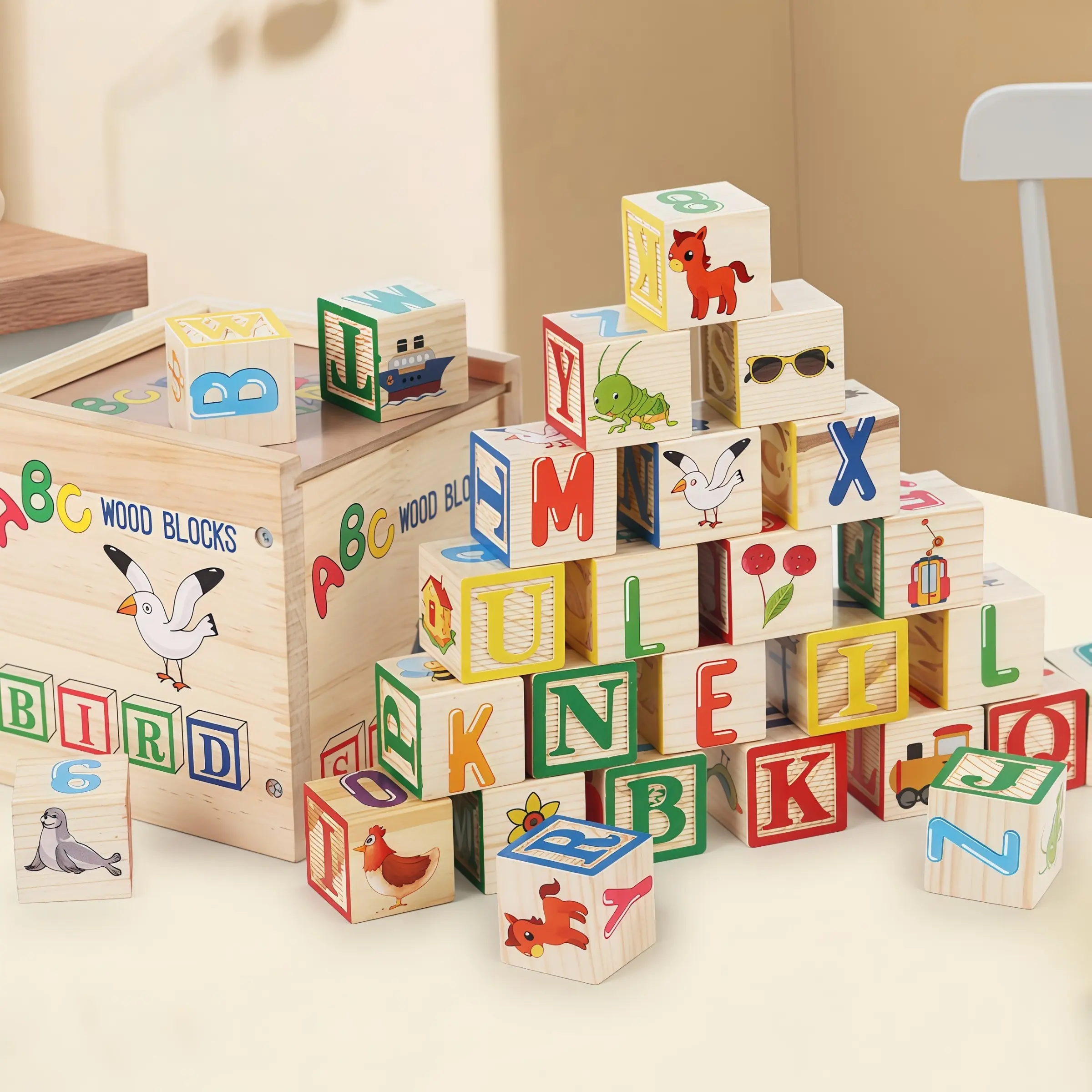 Wooden Letter Number Building Block Sets Alphabet Blocks Stacking Games Blocks Tower Game for Kids, Family Fun Game, Includes 27 Wooden Blocks with Storage Box, Montessori Early Education Toy