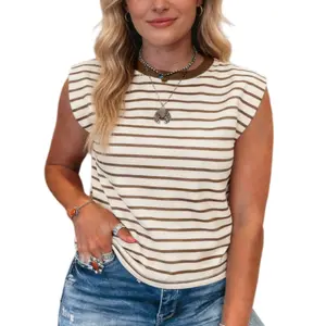 Asvivid Women's Stripe Ribbed Round Neck Trim Loose Tank Top Crewneck Casual Tanks Summer Striped Tops Womenswear