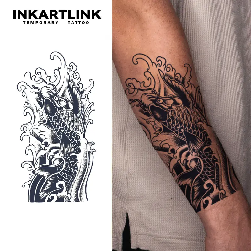 INKARTLINK Tattoo Tech,2 Sheets Extra-Large Semi Permanent Tattoo,Adult Art Design Temporary Tattoos, Lasts 1-2 Weeks, Waterproof, Realistic look, No Adhesive, No reflection (Koi Fish Design) Henna Sticker Sensitive
