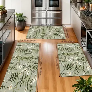 Sage Green Floral Kitchen Rugs Set, Non-Slip Washable Floor Mats, Fern & White Wildflower Print Runner Carpets for Kitchen, Bathroom & Farmhouse Decor