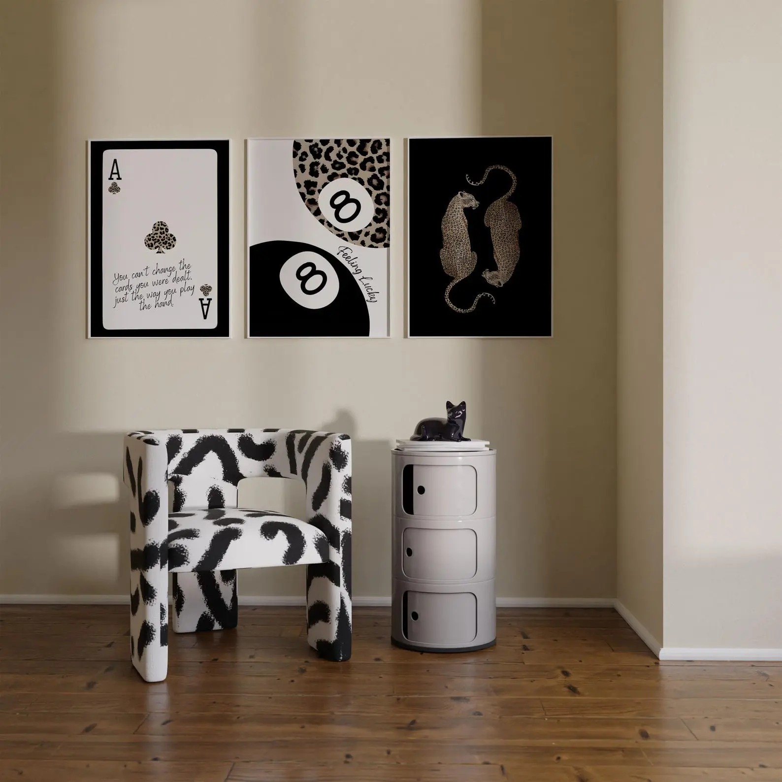 Set of 3 Trendy Cheetah Prints Black Leopard Cheetah Print Black 8 Ball Feeling Lucky Trendy Wall Art Gallery Set Preppy Chic Prints #7