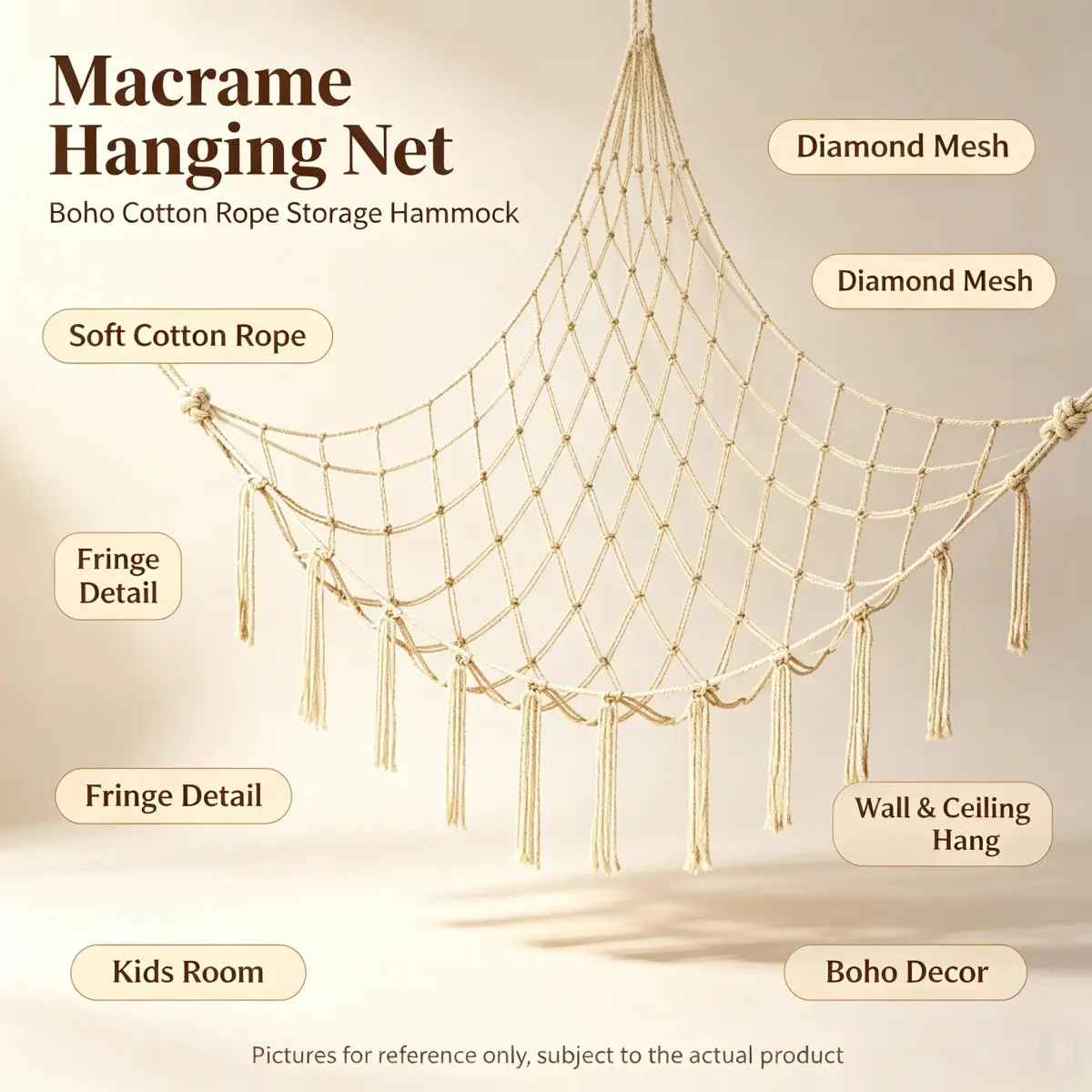 Macrame Stuffed Animal Storage Hammock Net, 105*87*87cm Large Corner Wall Hanging Toy Organizer for Kids Nursery Boho Bedroom Decor