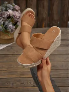 New large-size women's two-strap round-toe wedge sandals with jute soles, stylish, simple, comfortable for daily commuting, thick-soled wedge sandals