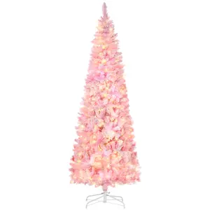 7.5 foot pink white pencil shaped pre lit snow flocked christmas tree warm white led lights auto open realistic pine branch home festival decor