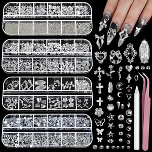 Silver Nail Charms and Gems Kit, 4 Boxes Nail Gems Silver Rhinestones for Nails, 3D Y2K Accessories Nail Decor, Cross Charms for Nails Design Star, Caviar Beads for Nails Art