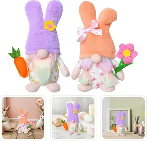 2pcs Easter Bunny Gnome Plush Decor - Faceless Dwarf Elf Ornaments with Carrot & Flower for Home Kitchen Tiered Tray Office Tabletop