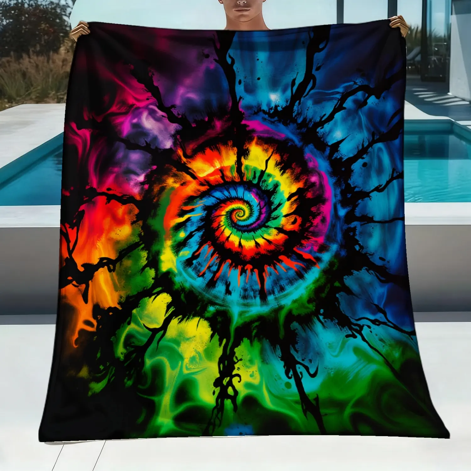 1pc Multicolor Spiral Tie-Dye Flannel Blanket - Anti-Pilling Soft Fleece, Soft Warm All-Season, Base & Multicolor Swirls All-Over Print, 1-Piece Layering Cozy Bed Throw, Machine Washable Contemporary Home Decor Tapestry Gift, Galaxy Space Boho