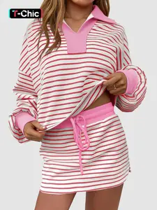 Women's Striped Casual Two-Piece Co Ord Set - Polo Neck Long Sleeve Top & Mini Skirt Tracksuit