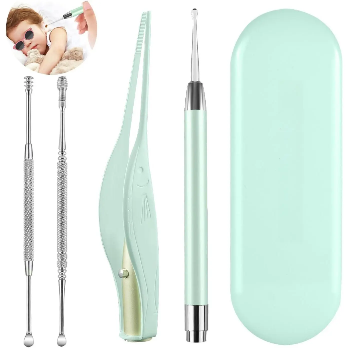 P-KCK02   4 Pack Ear Wax Removal Tool Kit with Light, Ear Pick Ear Cleaning Tools Set for Kids and Adults, Ear Picks Digger & Tweezers & Spiral Spring Ear Spoon with Storage Box (Green)