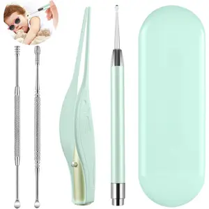 P-KCK02   4 Pack Ear Wax Removal Tool Kit with Light, Ear Pick Ear Cleaning Tools Set for Kids and Adults, Ear Picks Digger & Tweezers & Spiral Spring Ear Spoon with Storage Box (Green)