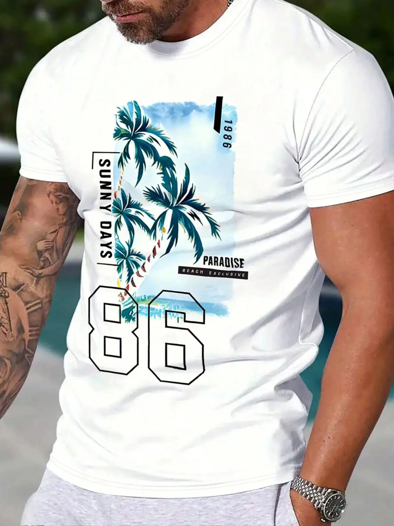 Men's Round Neck T-Shirt Coconut Palm Beach Pattern, Casual Fashion Streetwear, Loose-Fitting Long Sleeve, Summer
