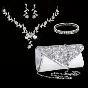 Women's Fashion Versatile Sequin Decorated Clutch Evening Bag Gown Party Bag with Rhinestone Necklace and Bracelet Banquet 4pcs Set