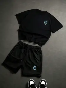 Summer New Street Style American Brazil Logo Print Fitted Round Neck Short Sleeve + Shorts Set, Fashion Men's Daily Wear, Suitable for Summer Outings