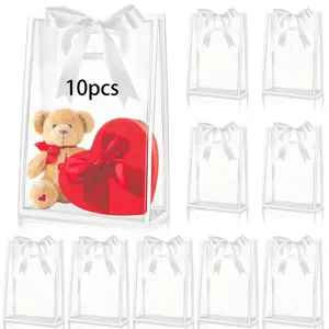 10 Transparent Plastic Gift Bags, PVC Clear Tote Bags with Ribbon, Waterproof Reusable, Ideal for Holidays and Events