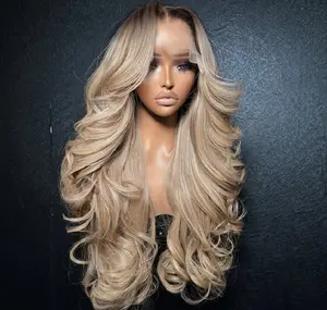 Ombre Light Ash Blonde Lace Front Wig Human Hair 210% Density Milk Tea Blonde Hair with Natural Growth Brown Roots 13x4 HD Body Wave Wig Pre Plucked Multi-Color Wigs for Any Occasion