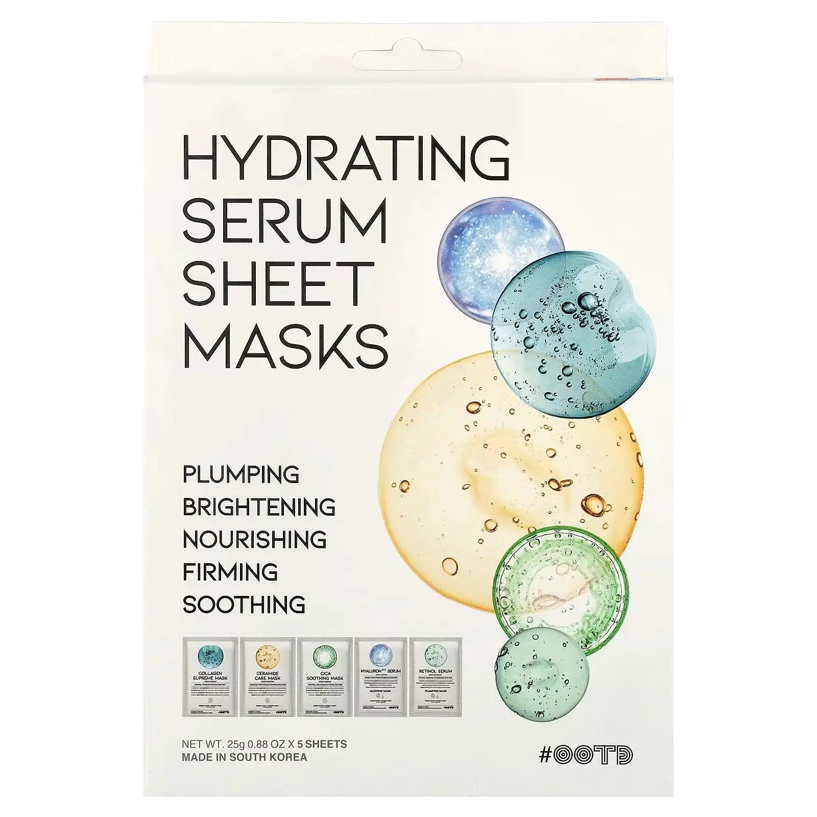 #OOTD Korean Sheet Mask Starter Kit 5 Sheets, Collagen, Cica, Ceramide, Triple Hyaluron and Retinol Face Mask Variety Set for Hydration, Glow and Comfort