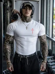 Men's Gothic Cross Fitness Tight T-Shirt, High Stretch Quick-Dry, Breathable Sweat-Wicking Fabric, Ideal for Gym, Weightlifting, Daily Wear, Gym Tees