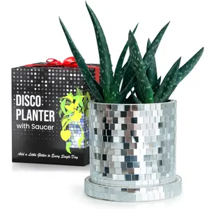 SCANDINORDICA Disco Ball Planter Pot - 4.3 inch Ceramic Planter with Drainage Hole and Saucer for Succulents and Small House Plants 3x3" tiles