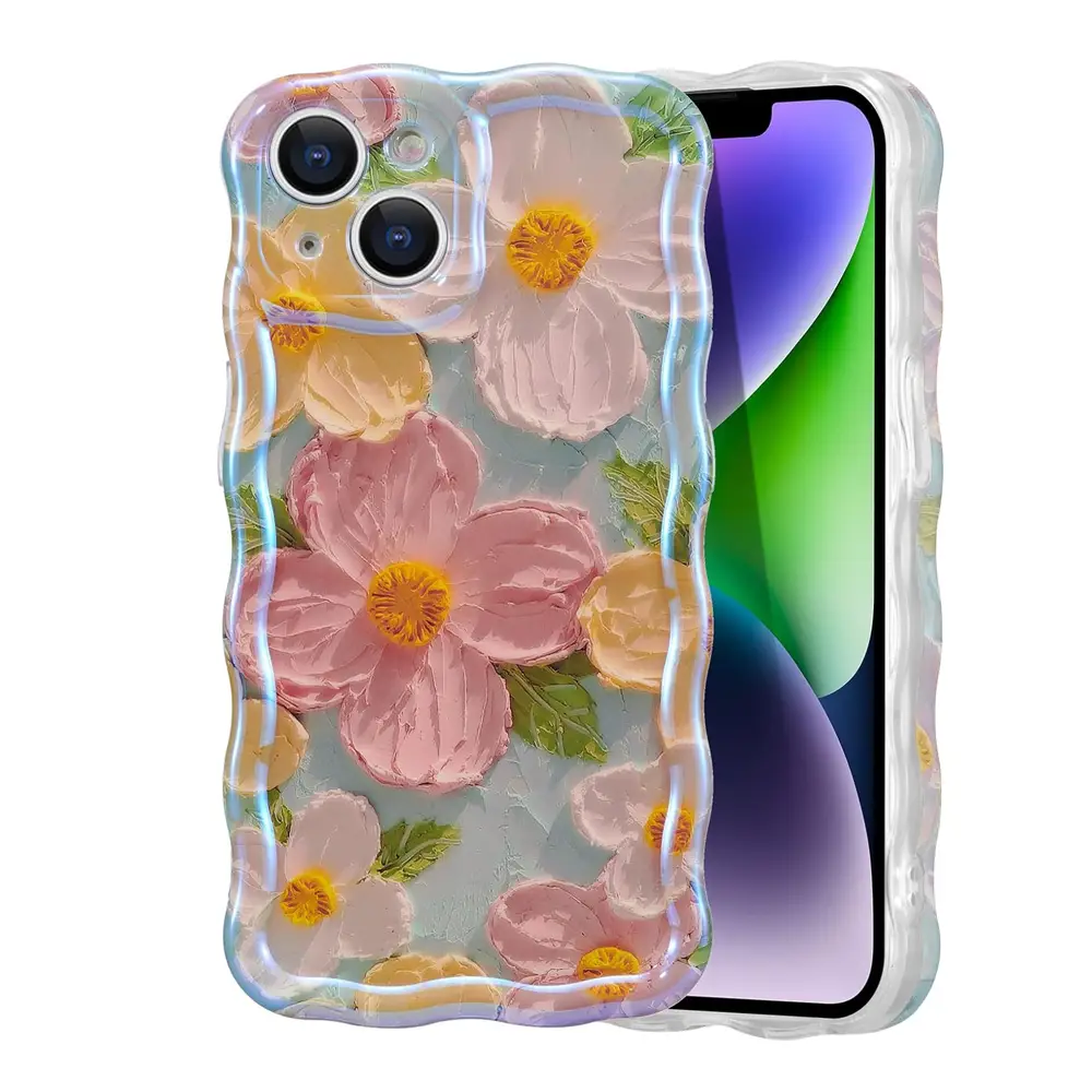 Case for iPhone 15 14 13 Pro Max Plus, Colorful Retro Oil Painting Printed Flower Laser Glossy Pattern Cute Curly Waves Edge Exquisite Phone Cover Sty
