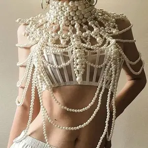 2026 "Mermaid New Europe" style glamorous retro heavy-duty handcrafted beaded multi-layer imitation pearl shawl for the body, featuring a sexy design with chains.