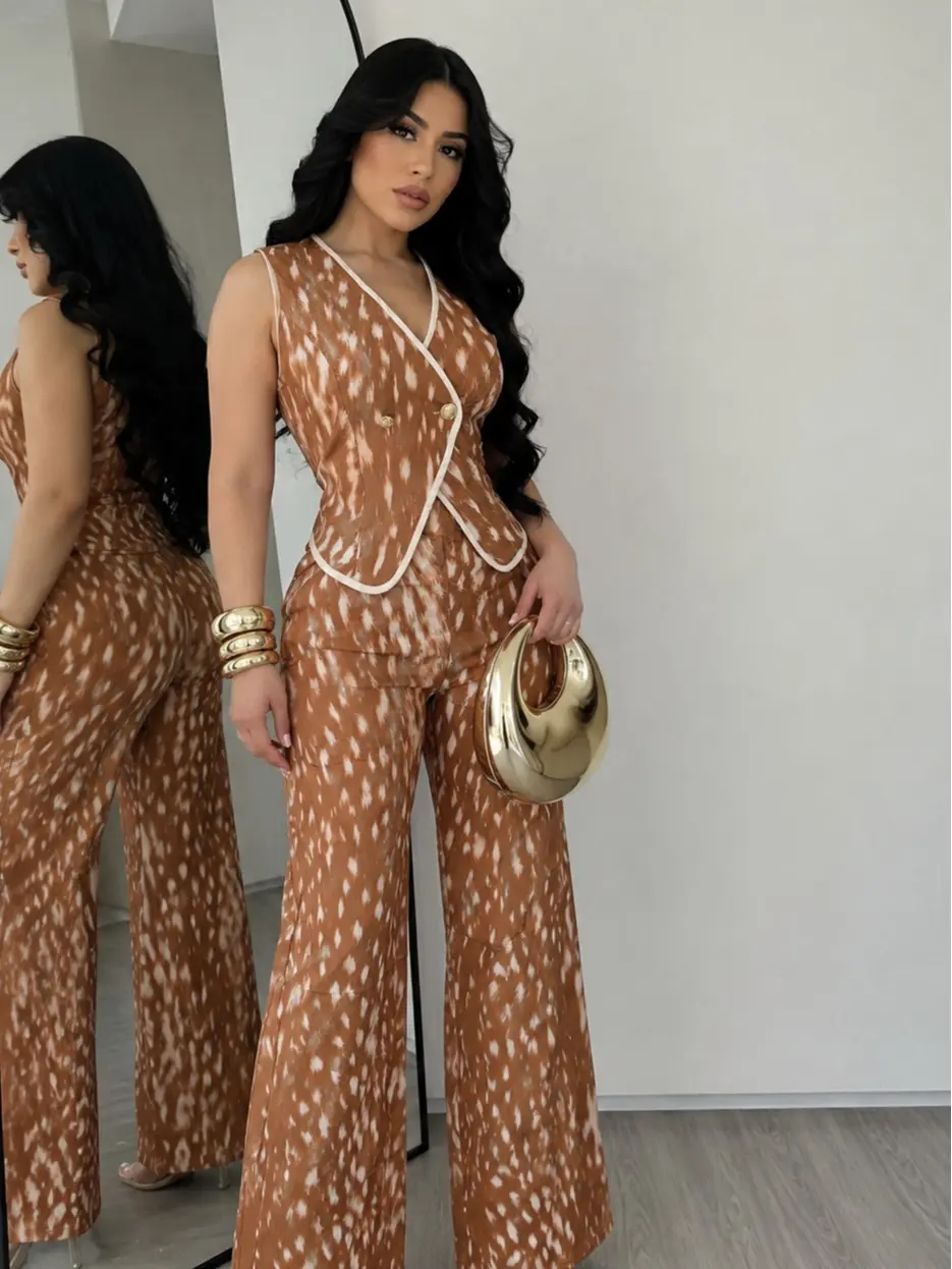 Women's Brown Animal Print 2-piece set -Sleevess Vest & wide leg pants