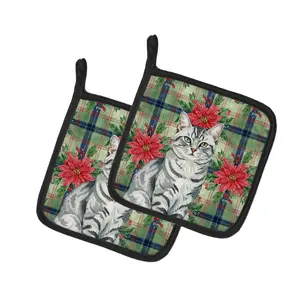 Carolines Treasures FNT1318PTHD 7.5 x 7.5 in. Silver Classic Tabby Cat with Poinsettias Pot Holders, Pack of 2