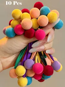 10pcs/Pack Colorful Pom Pom Shaped Elastic Hair Scrunchies, Flocked Candy Color, High Elasticity, Non-Damaging, Sturdy For Everyday Use, Autumn/Winter Hair Ties Ponytail Holders Hair Elastics Hair Rope