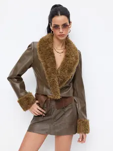 Cider Faux Leather Collar Faux Fur Trim Button Cropped Jacket