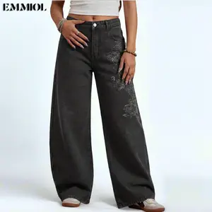 EMMIOL Women Hip Hop Baggy Jeans Wide Leg Mid-Low Waist Jeans Loose Boyfriends Jeans 90s Vintage Denim Pants casual comfy Black Womenswear Summervibes