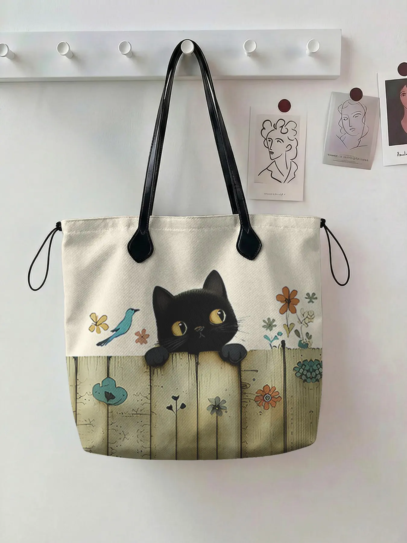 Cat Pattern 2D Printed Drawstring Tote Bag, Aesthetic Tote, Versatile Tote Bag, Lightweight Shopping Bag, Casual Everyday Bag, Large Capacity Shopping Bag, Durable and Wear-Resistant, Ideal for Work, Shopping, Picnic, Boho Work Bags