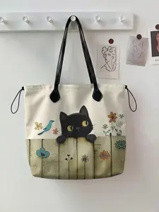 Cat Pattern 2D Printed Drawstring Tote Bag, Lightweight Shopping Bag, Large Capacity Shopping Bag, Durable and Wear-Resistant, Ideal for Work, Shopping, Picnic, Boho Work Bags
