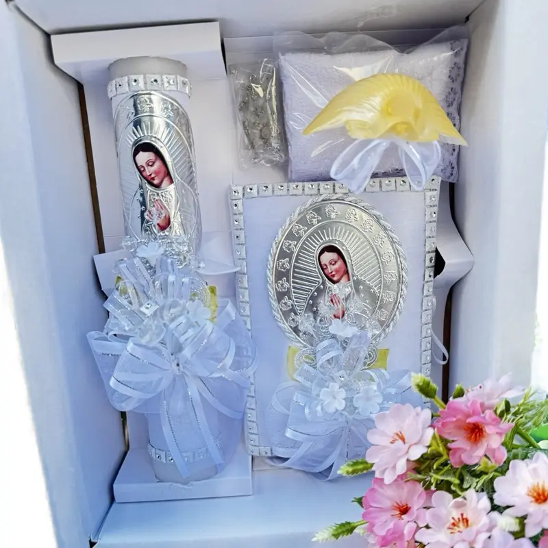 5pcs Religious Gifts Set - 8 in Candle, Rosary, New Testament, Decorative Elements in Box, Boys/Girls Ready Baptism Ceremony Favor Package (English & Spanish)