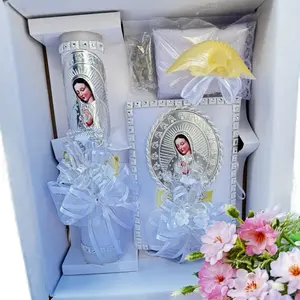 5pcs Baptism Candle Set with 8”Candle, Rosary, New Testament & Decorative Elements in Box for Boys and Girls English & Spanish white