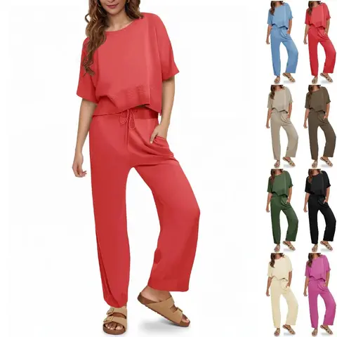 Goranbon Women's 2-Piece Knit Outfit Set - Soft, Breathable, Chic Basic Fabric Set with Split Crop Top, High-Waist Drawstring Pants for Day Lounge, Day-to-Night Wear, Two Piece Sets